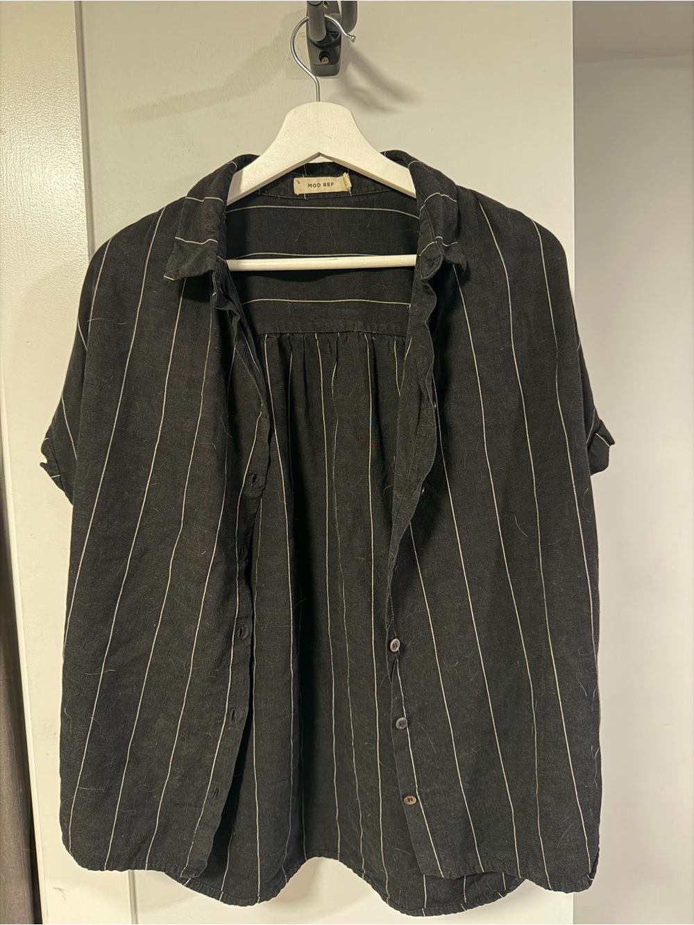 Striped Button-Up Shirt Jacket in Black with White Pinstripes